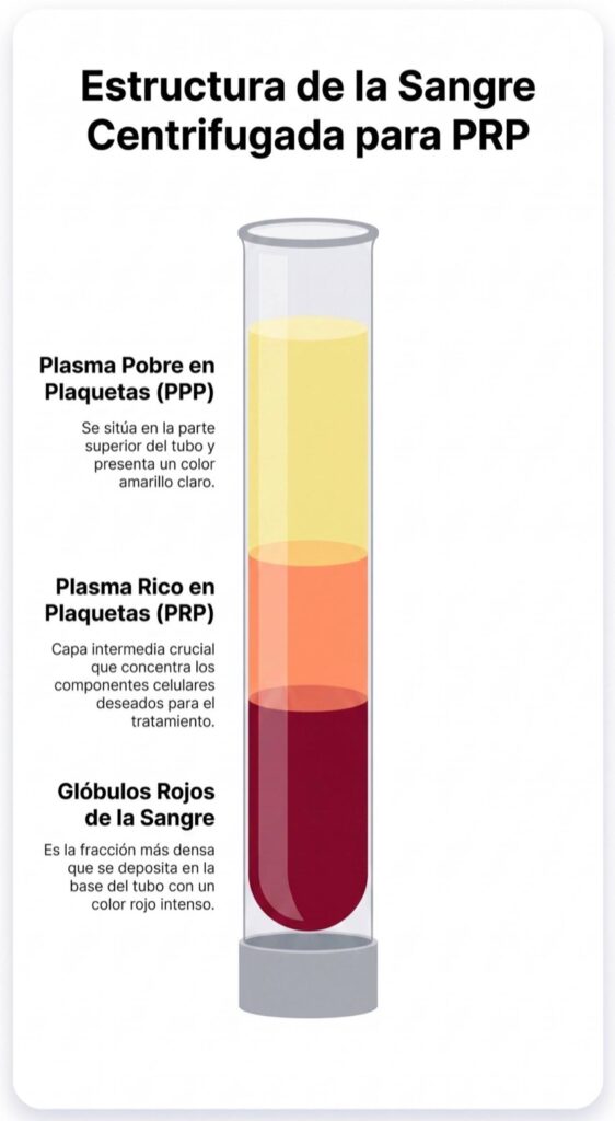 Infografía: estructura de la sangre centrifugada para PRP (plasma pobre, plasma rico en plaquetas y glóbulos rojos)