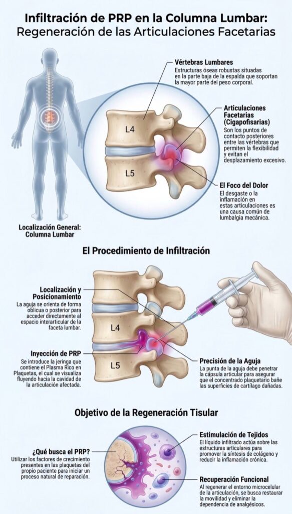 Infografía: infiltración de PRP en las articulaciones facetarias de la columna lumbar — Dr. Vilatela, Valencia