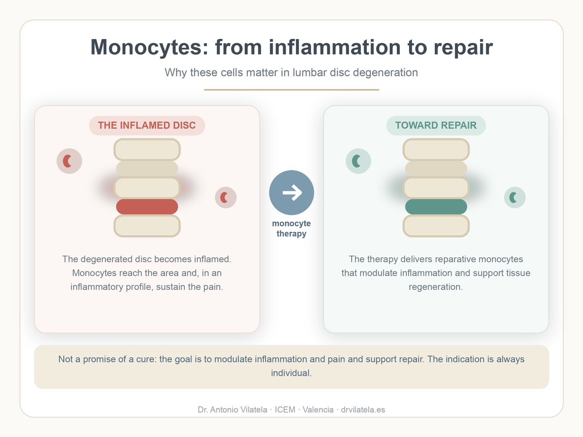 Infographic: the role of monocytes in the lumbar disc, from inflammation to repair. Dr. Vilatela, Valencia.