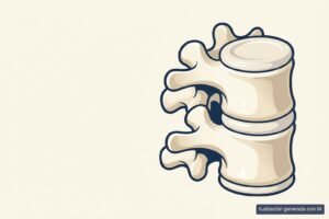 Ilustración médica de un segmento lumbar sano, con los discos intervertebrales y las facetas conservados