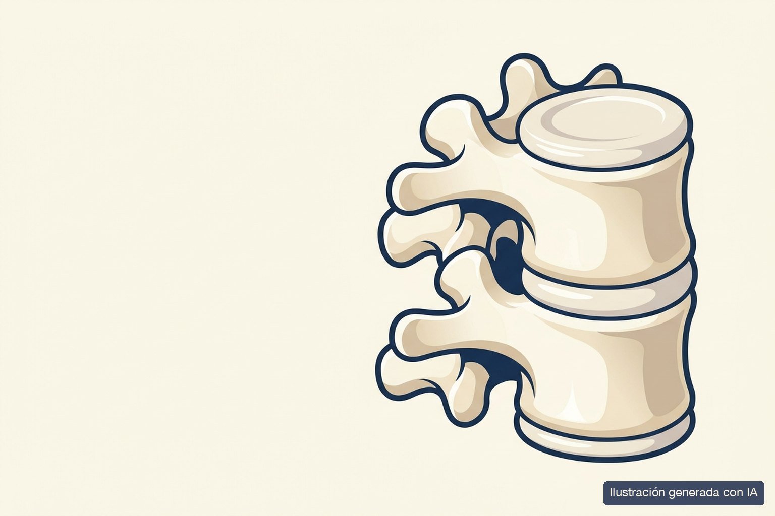 Ilustración médica de un segmento lumbar sano, con los discos intervertebrales y las facetas conservados