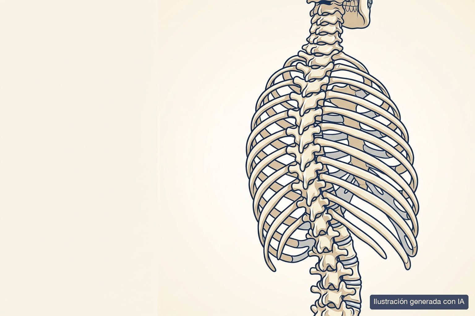 Ilustración médica de una columna vertebral con escoliosis del adulto, con la curvatura lateral y la asimetría costal