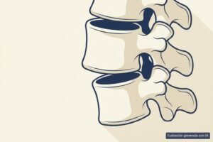 Ilustración médica de una espondilolistesis lumbar: una vértebra desplazada hacia delante sobre la inferior