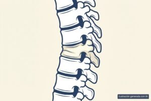 Ilustración médica de una fractura vertebral osteoporótica: cuerpo vertebral colapsado en cuña
