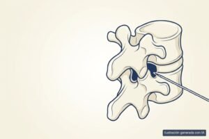 Ilustración médica de una infiltración de columna: aguja fina dirigida al espacio epidural lumbar