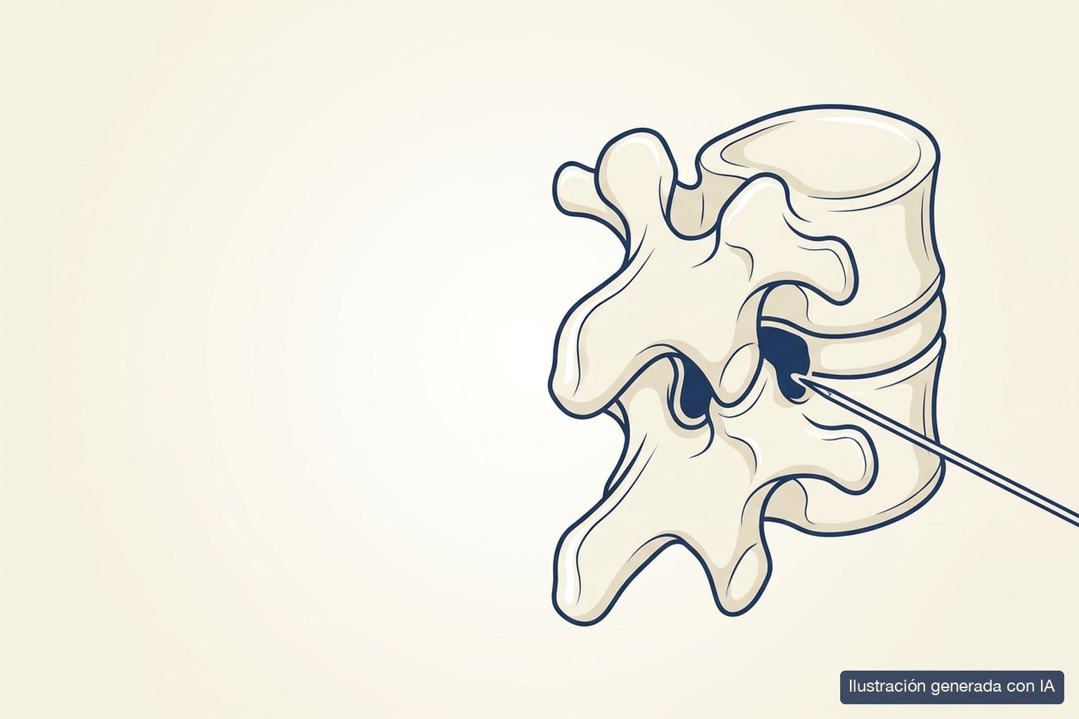 Ilustración médica de una infiltración de columna: aguja fina dirigida al espacio epidural lumbar