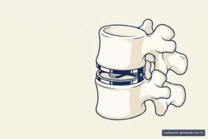 Ilustración médica de una prótesis de disco lumbar implantada entre dos vértebras, conservando el movimiento del segmento