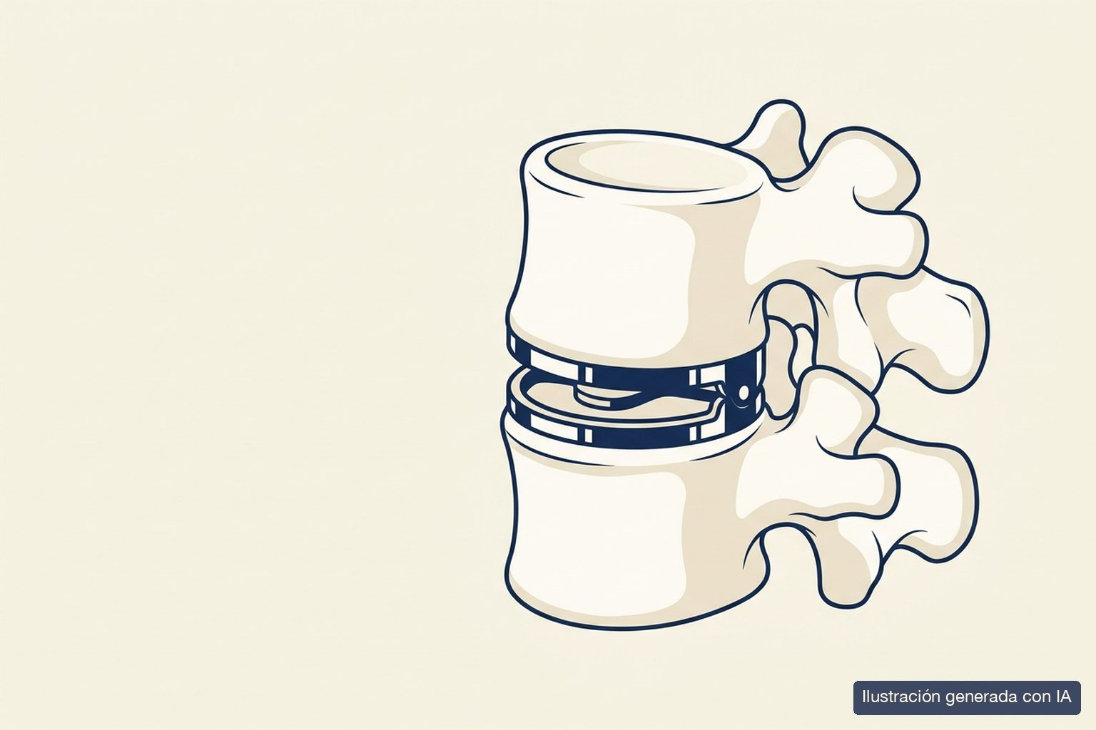 Ilustración médica de una prótesis de disco lumbar implantada entre dos vértebras, conservando el movimiento del segmento