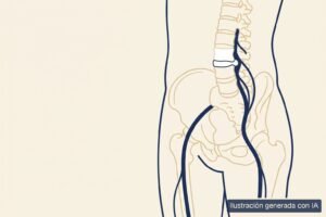 Ilustración médica de una hernia discal lumbar presionando la raíz del nervio ciático, con el trayecto del nervio hacia la pierna