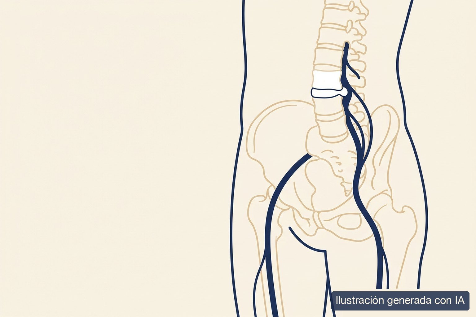 Ilustración médica de una hernia discal lumbar presionando la raíz del nervio ciático, con el trayecto del nervio hacia la pierna