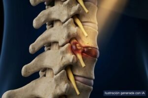 Ilustración médica de la columna cervical vista de lado, con un disco herniado que comprime la raíz nerviosa