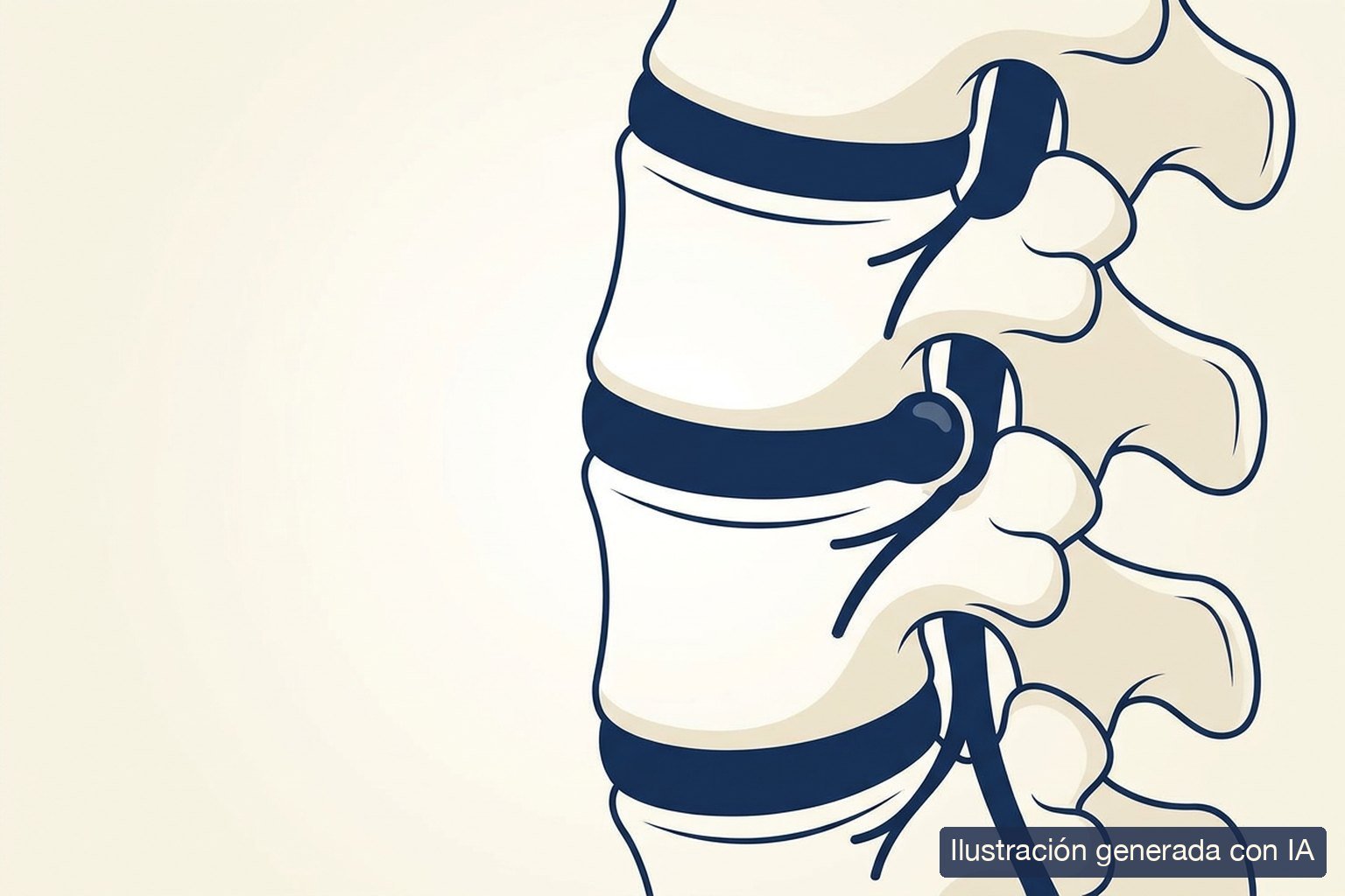 Ilustración médica de un fragmento de disco herniado presionando la raíz nerviosa en la columna lumbar