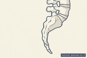 Ilustración médica del sacro y el cóccix vistos de lado, en la base de la columna