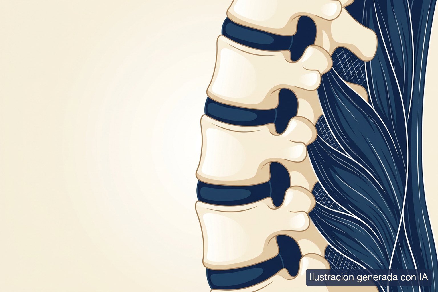 Ilustración médica de un segmento lumbar con la musculatura paravertebral profunda alrededor