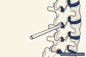 Ilustración médica de un segmento lumbar visto por detrás con una cánula endoscópica fina accediendo por la ventana interlaminar