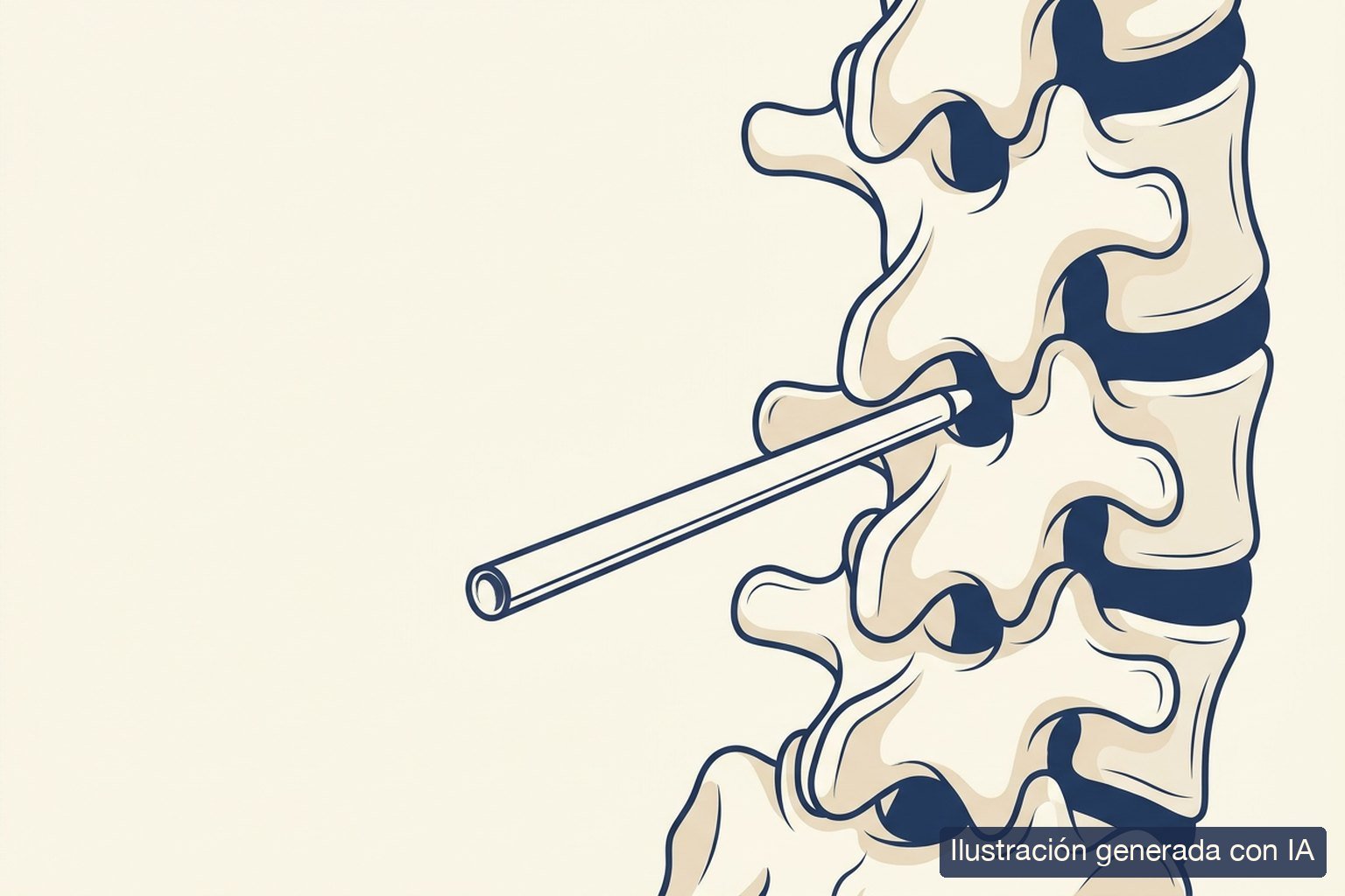 Ilustración médica de un segmento lumbar visto por detrás con una cánula endoscópica fina accediendo por la ventana interlaminar