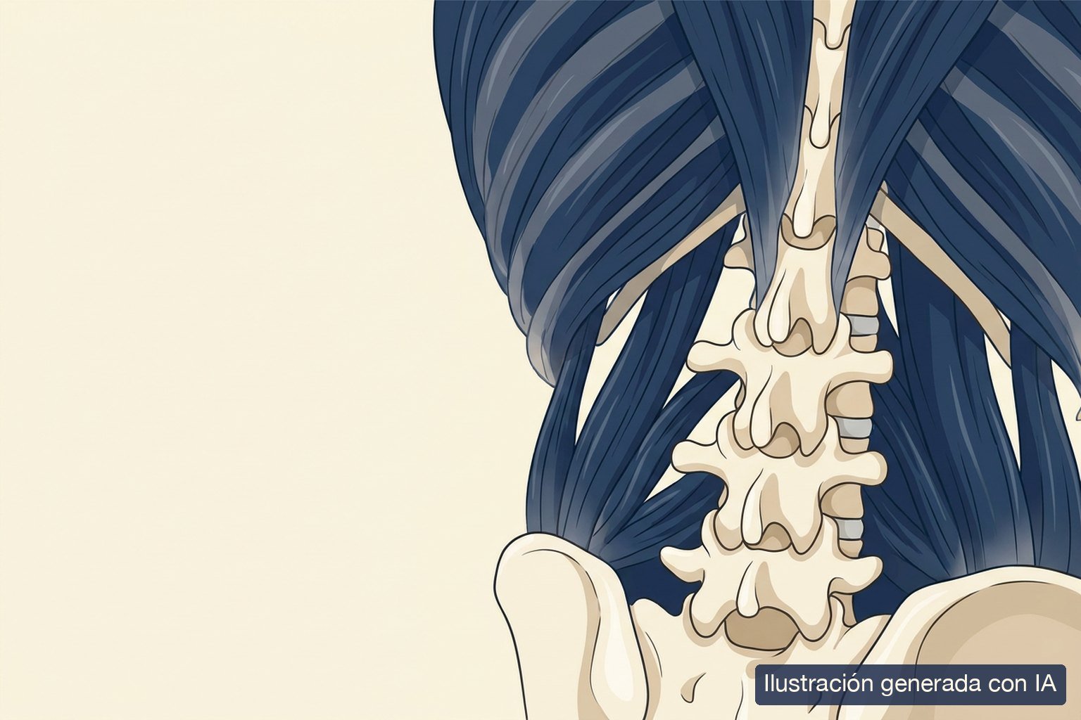 Ilustración médica de la región lumbar con las capas musculares paravertebrales