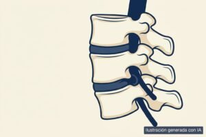 Ilustración médica de un segmento cervical con un disco protruido hacia atrás, hacia la raíz nerviosa