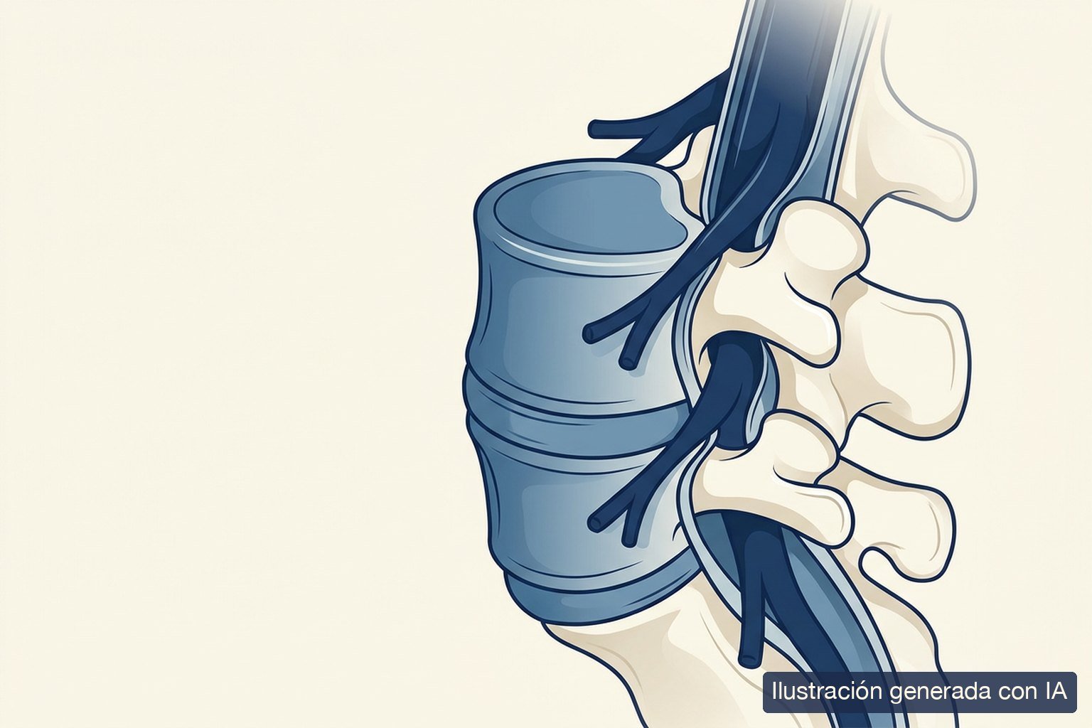 Ilustración médica de un corte sagital lumbar con el canal y el receso lateral estrechados sobre las raíces