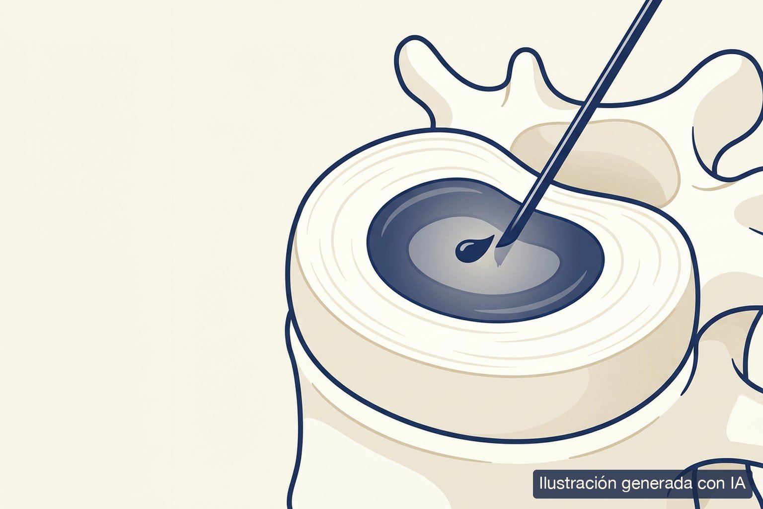 Ilustración médica de un disco intervertebral en corte, con una aguja fina depositando gel en el núcleo