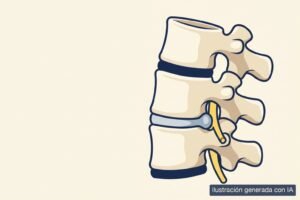 Ilustración médica de un segmento lumbar con un disco ligeramente abombado hacia atrás, junto a la raíz nerviosa