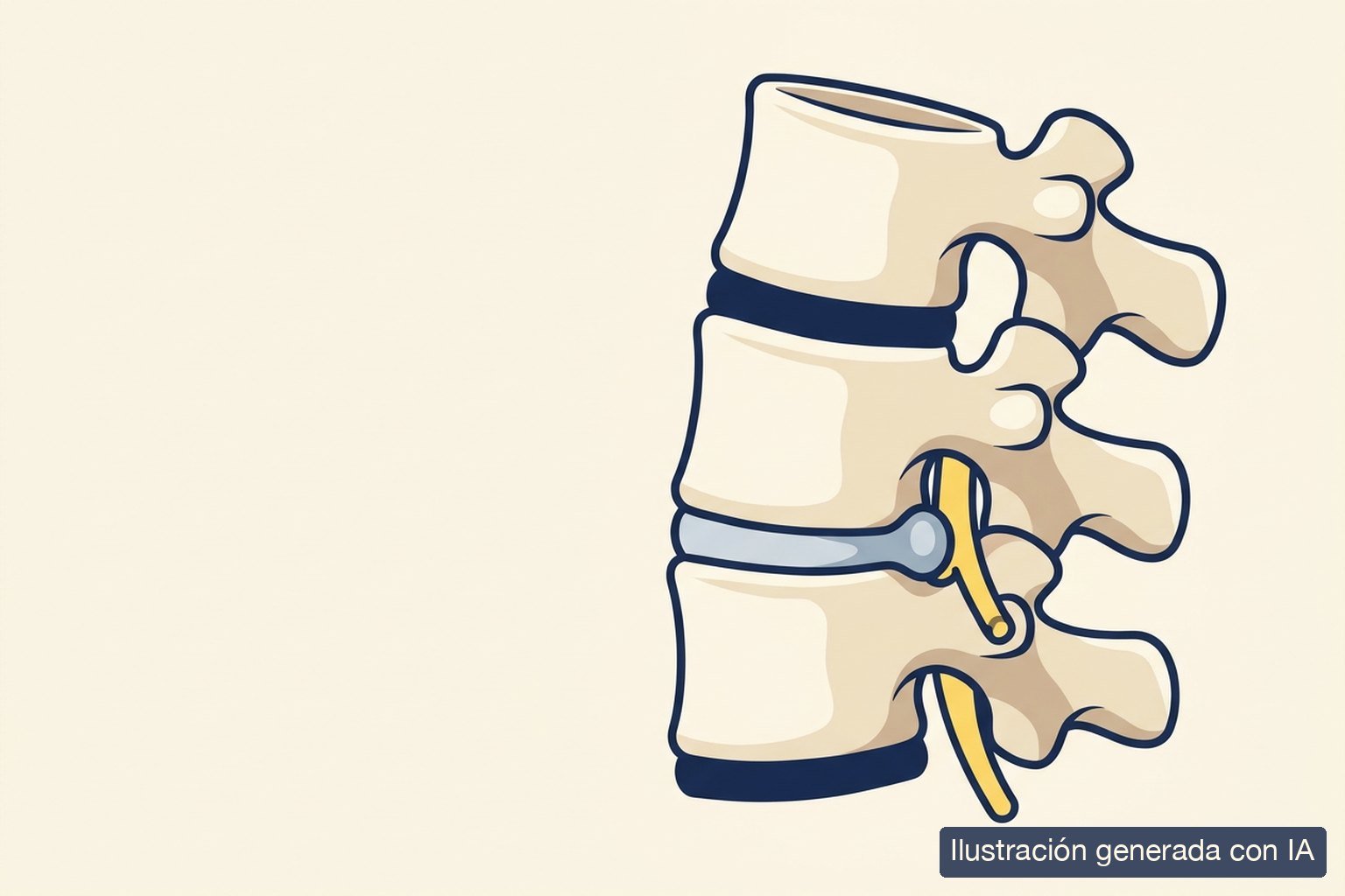 Ilustración médica de un segmento lumbar con un disco ligeramente abombado hacia atrás, junto a la raíz nerviosa