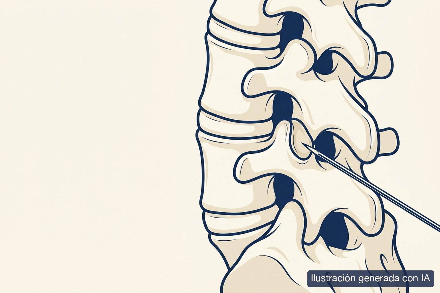 Ilustración médica de una articulación facetaria lumbar con una aguja fina dirigida a la cápsula articular