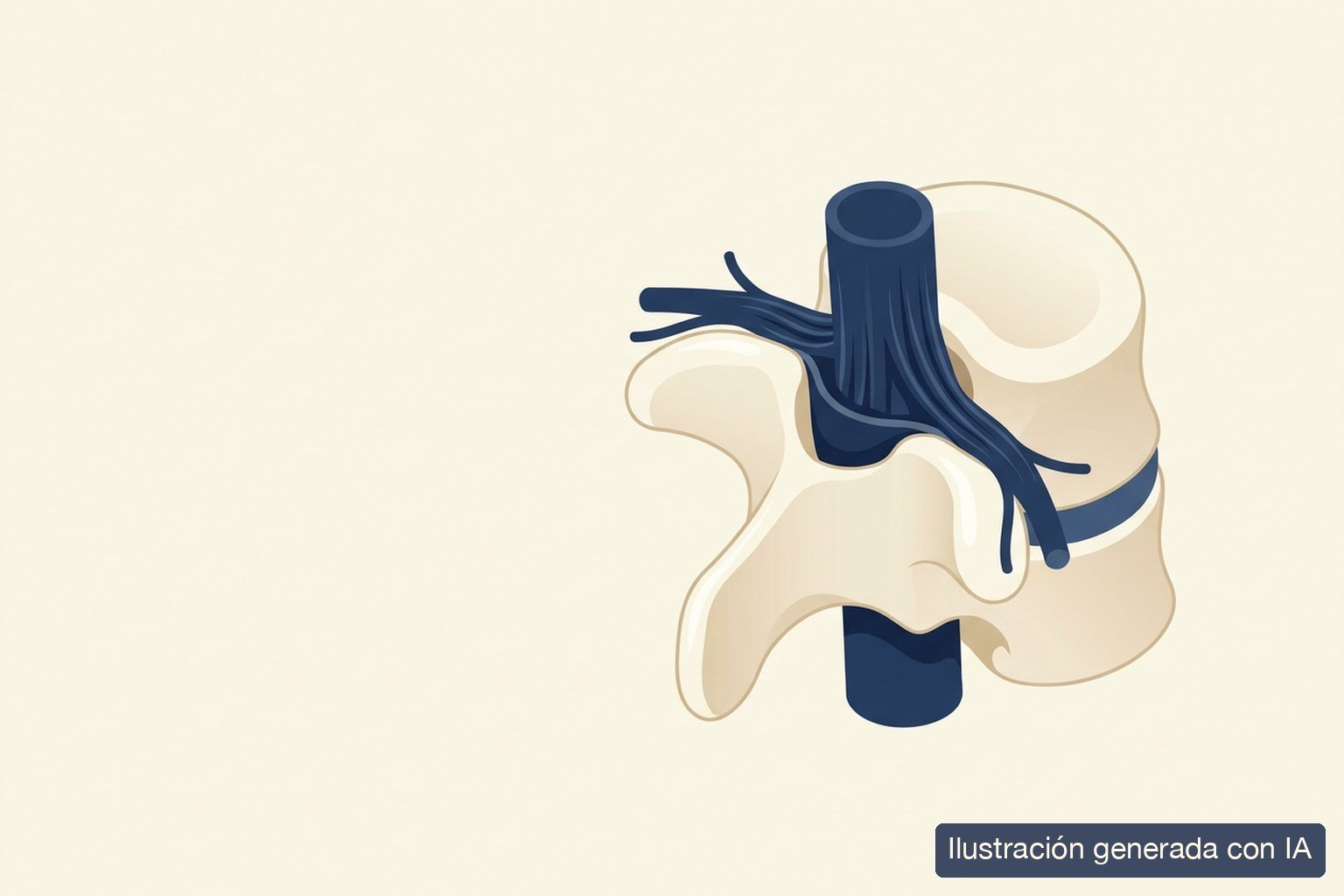 Ilustración médica de un canal lumbar estrechado que comprime las raíces nerviosas, en corte del conducto vertebral